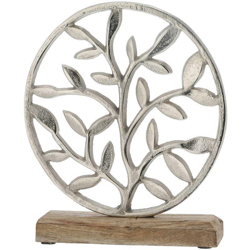 Foto van Decoratie levensboom rond van aluminium op houten voet 25 cm zilver - beeldjes