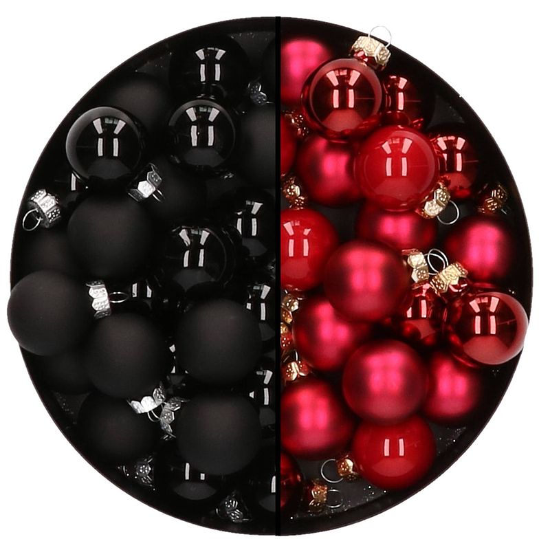 Foto van Mini kerstballen - 48x st - rood en zwart - 2,5 cm - glas - kerstbal