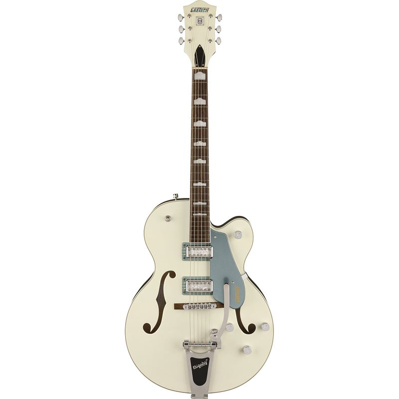 Foto van Gretsch g5420t-140 electromatic 140th double platinum hollow body bigsby il two-tone pearl platinum stone platinum