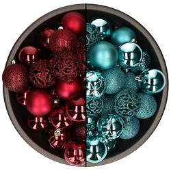 Foto van 74x stuks kunststof kerstballen mix van turquoise blauw en donkerrood 6 cm - kerstbal