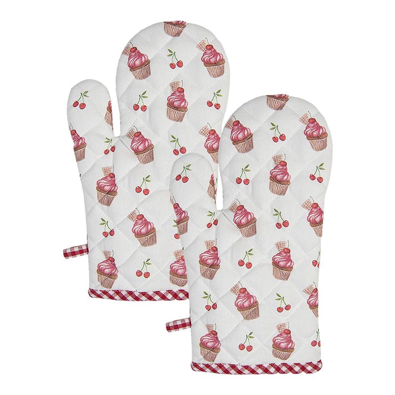 Foto van Haes deco - set van 2 ovenwanten - 18x30 cm - 100% katoen - cherry cupcake