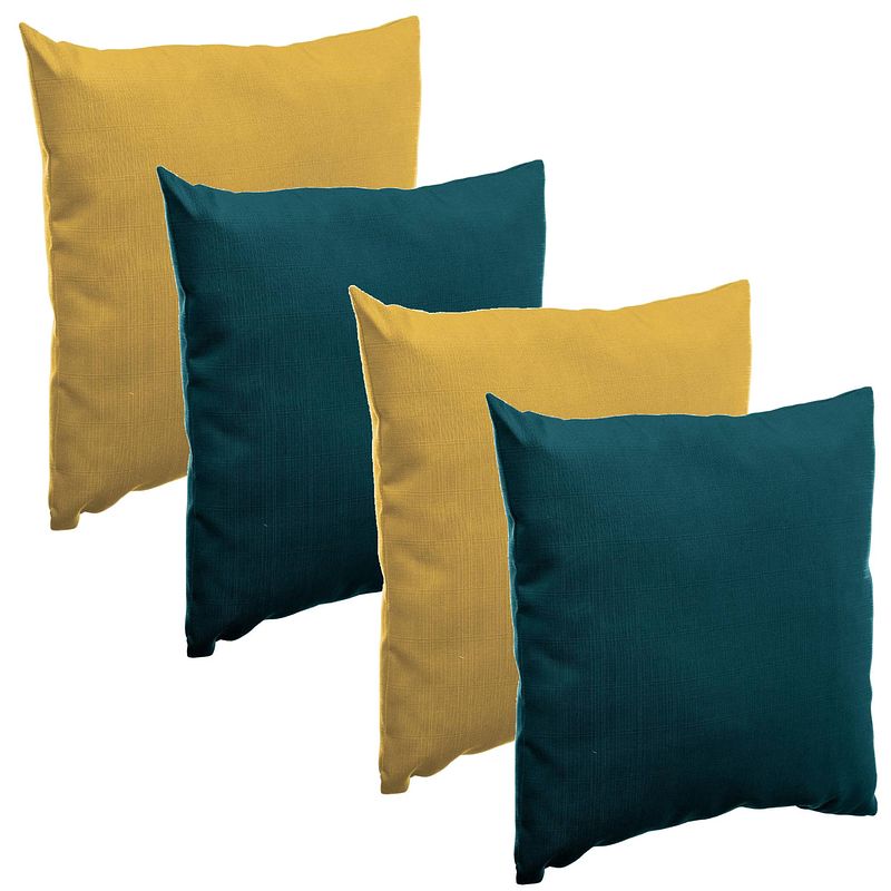 Foto van Bank/sier/tuin kussens voor binnen/buiten set 4x stuks geel/emerald groen 40 x 40 cm - sierkussens