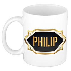 Foto van Naam cadeau mok / beker philip met gouden embleem 300 ml - naam mokken