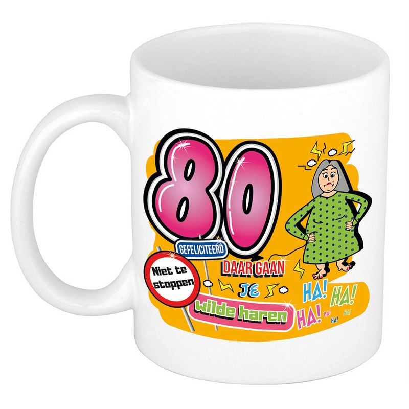 Foto van Cadeau mok 80 jaar - daar gaan je wilde haren - keramiek - 300 ml - feest mokken