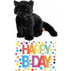 Foto van Cadeau setje pluche zwarte kat/poes knuffel 20 cm met happy birthday wenskaart - knuffel huisdieren