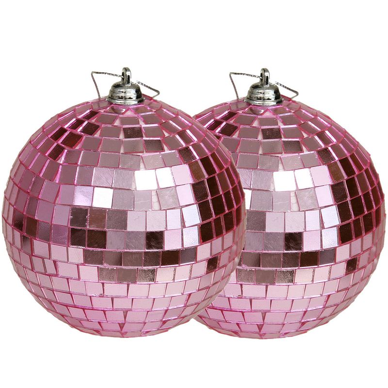 Foto van Othmar decorations disco kerstballen - 2x - roze - 10 cm - kunststof - kerstbal