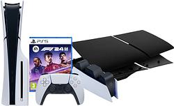 Foto van Playstation 5 slim disc edition + f1 24 + covers zwart + oplaadstation