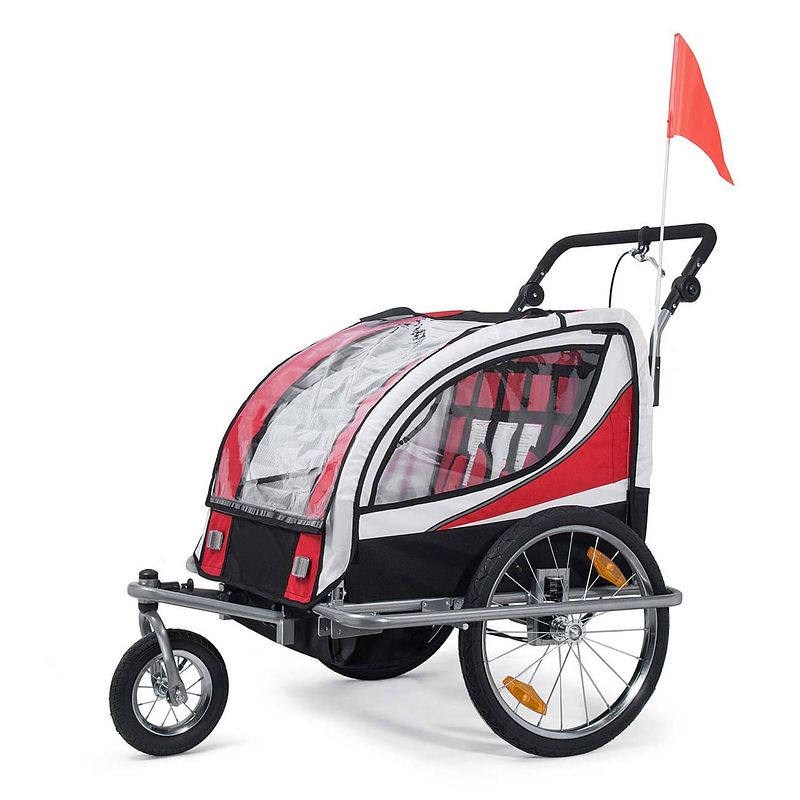 Foto van Samax 360°- draaibare fietskar 2 in 1 jogger - rood - zilver frame-fietsaanhanger