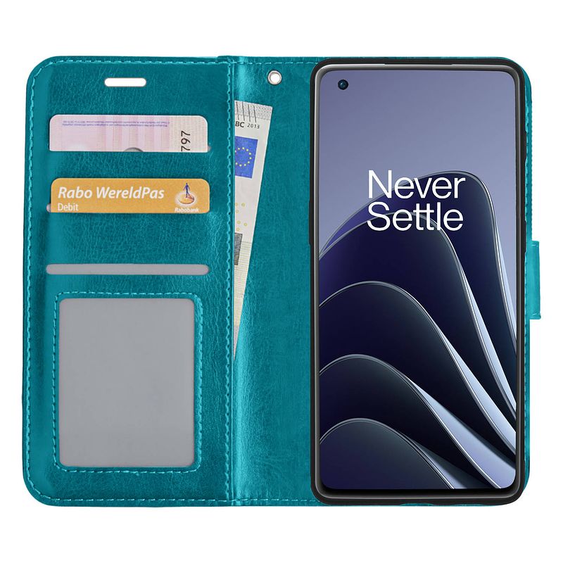 Foto van Basey oneplus 10 pro hoesje book case kunstleer cover hoes oneplus 10 pro-turquoise