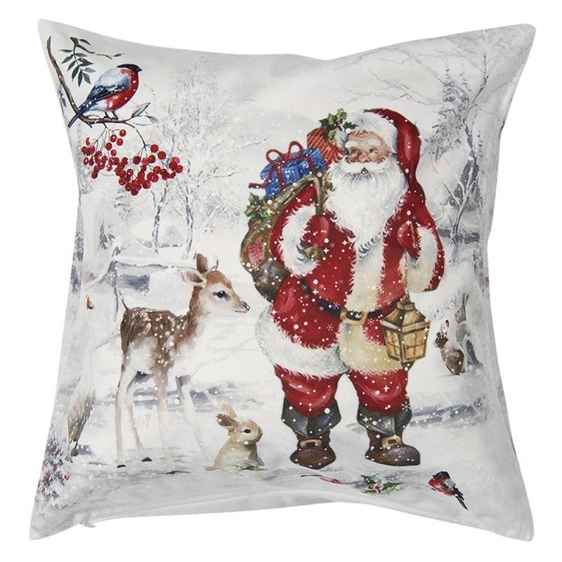 Foto van Clayre & eef kussenhoes 45*45 cm wit polyester vierkant kerstman sierkussenhoes kussen hoes wit sierkussenhoes kussen