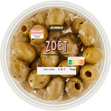 Foto van Jumbo groene olijven zoet 140g aanbieding bij jumbo | 3 voor 6.00