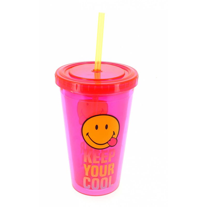 Foto van Blueprint collections drinkbeker met rietje smiley 500 ml roze/geel