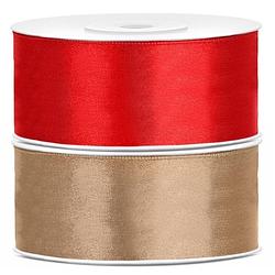 Foto van Bellatio decorations 2x rollen satijn sierlint 2.5 cm x 25 meter goud en rood - cadeaulinten