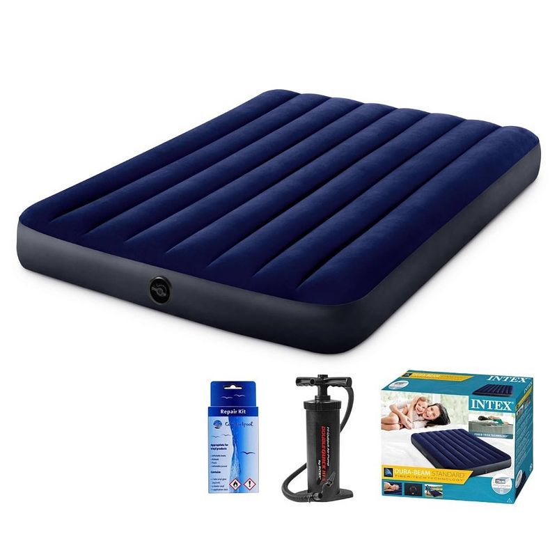 Foto van Intex classic dura-beam - luchtbed - 2 persoons - met repairset en handpomp - 203x152x25 cm - pvc - blauw