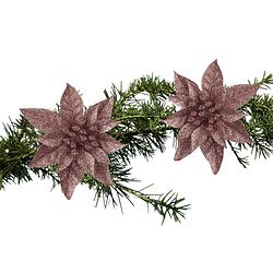 Foto van 2x stuks kerstboomversiering op clip donker beige glitter bloem 15 cm - kunstbloemen
