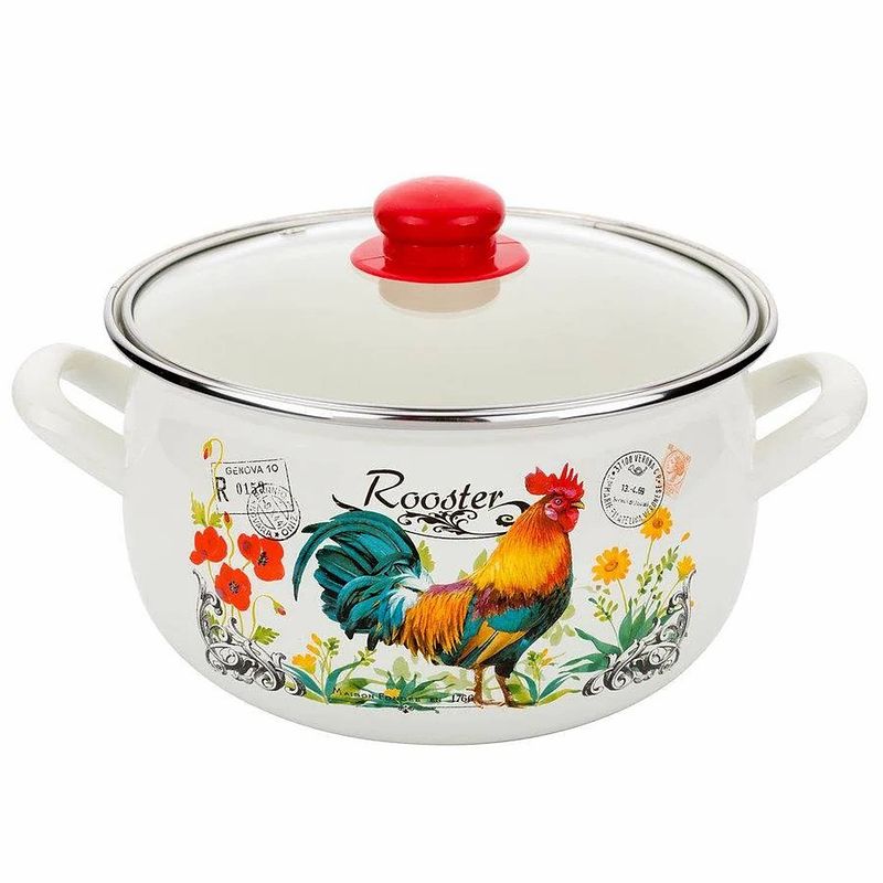 Foto van Emalia retro haan rooster geëmailleerde vintage kookpan 22 cm 5.3 liter crème / rood