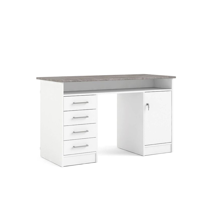 Foto van Plus bureau met 1 legplank, 4 laden en 1 deur met slot, wit/betondecor.