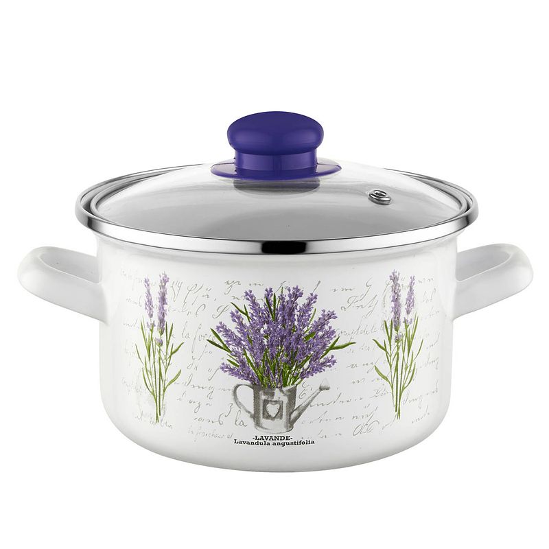 Foto van Emalia bukiet lavendel decoratie geëmailleerde kookpan 18 cm 3 liter wit / paars