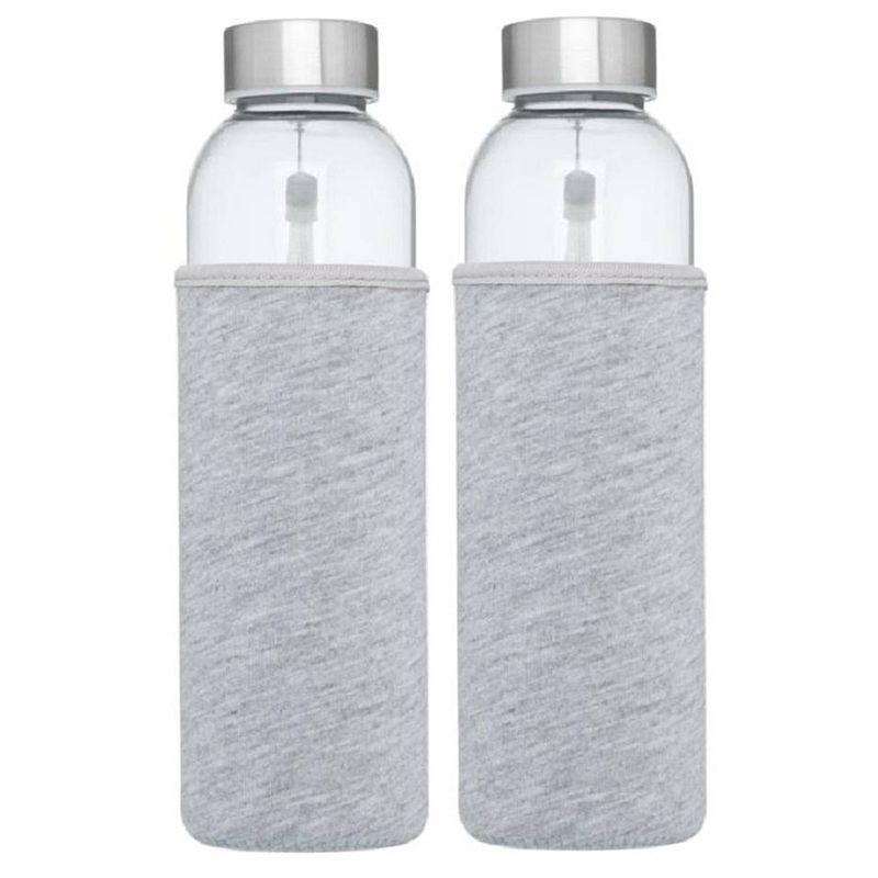 Foto van 2x stuks glazen waterfles/drinkfles met grijze softshell bescherm hoes 500 ml - drinkflessen