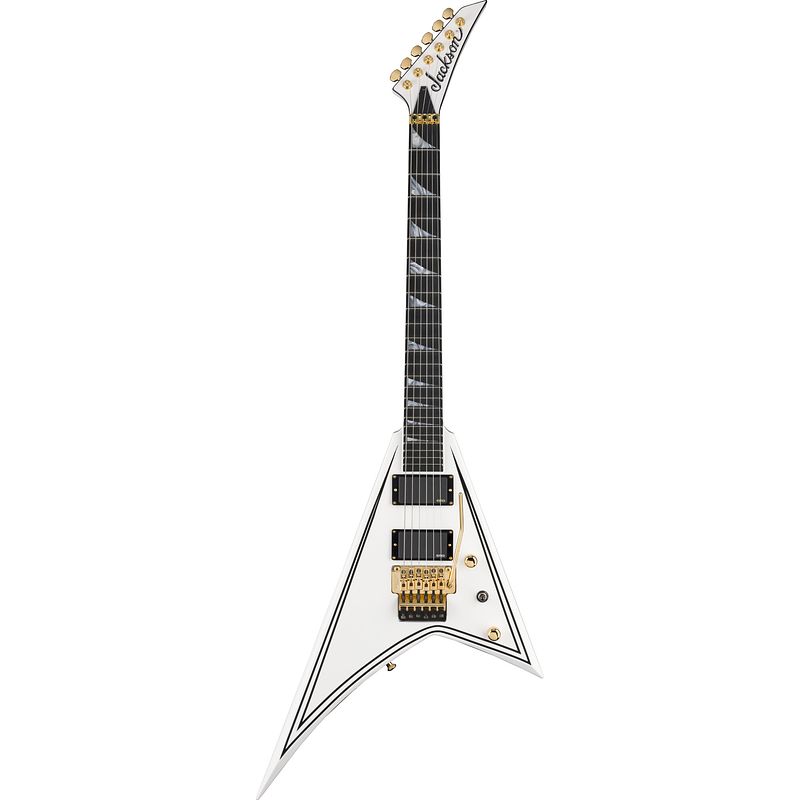 Foto van Jackson mj series rhoads rr24mg eb white with black pinstripes elektrische gitaar met foam core koffer