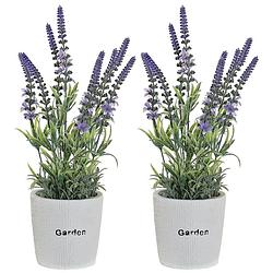 Foto van Items lavendel bloemen kunstplant in bloempot - 2x - paarse bloemen - 10 x 36 cm - bloemstuk - kunstplanten