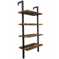 Foto van Wandkast wandrek ladder stoer metaal hout industrieel design open boekenkast 152 cm hoog zwart