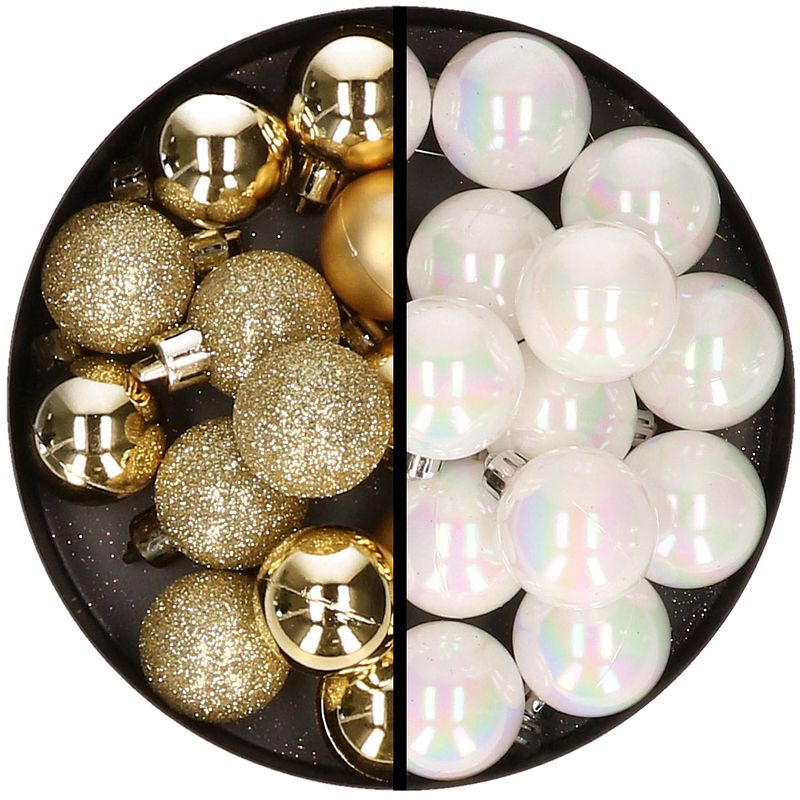 Foto van 36x stuks kunststof kerstballen goud en parelmoer wit 3 en 4 cm - kerstbal