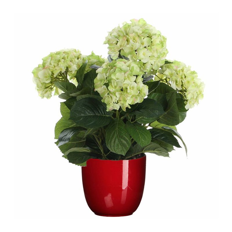 Foto van Hortensia kunstplant/kunstbloemen 45 cm - groen - in pot rood glans - kunstplanten