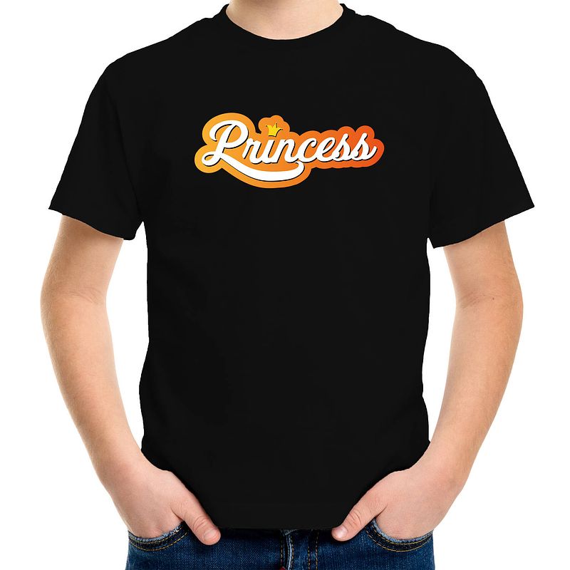 Foto van Koningsdag shirt zwart voor kinderen - princess met kroon xs (110-116) - feestshirts