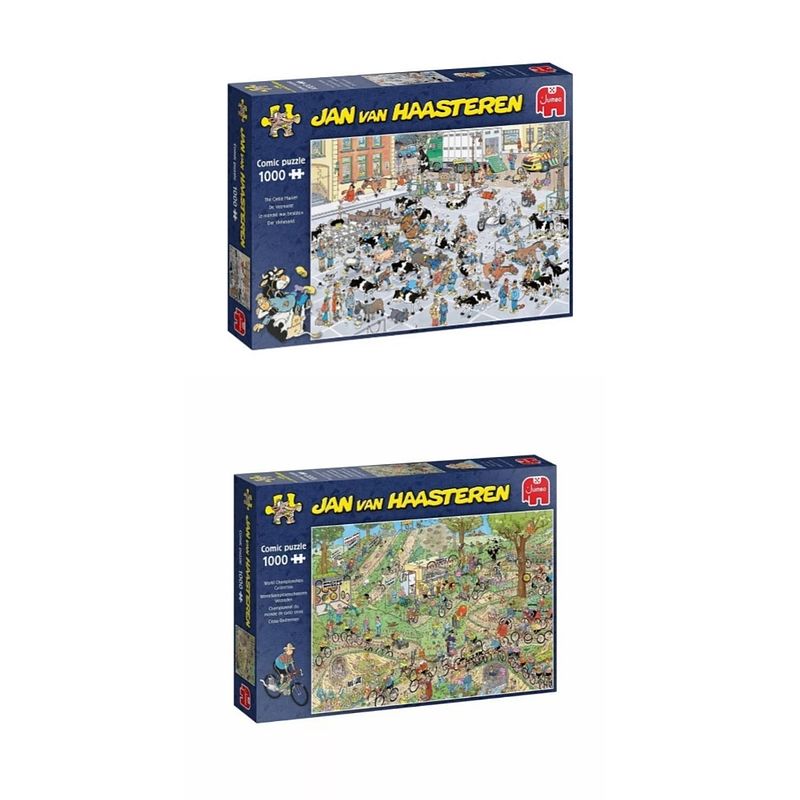 Foto van Jan van haasteren puzzelbundel - 2 stuks - de veemarkt 1000 stukjes & wereldkampioenschappen veldrijden 1000 stukjes