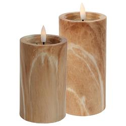 Foto van Led kaarsen/stompkaarsen - set 2x - bruin marmer look - h12,5 en h15 cm - timer - warm wit - led kaarsen