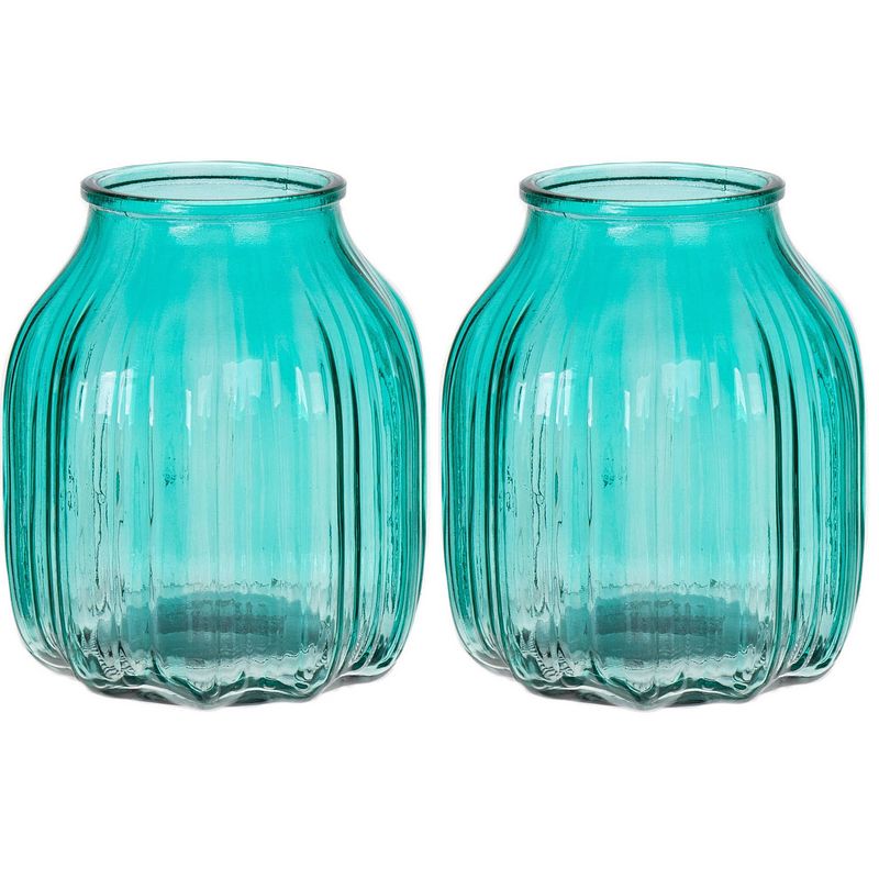 Foto van Bloemenvaas klein - set van 2x - turquoise blauw - transparant glas - d14 x h16 cm - vazen