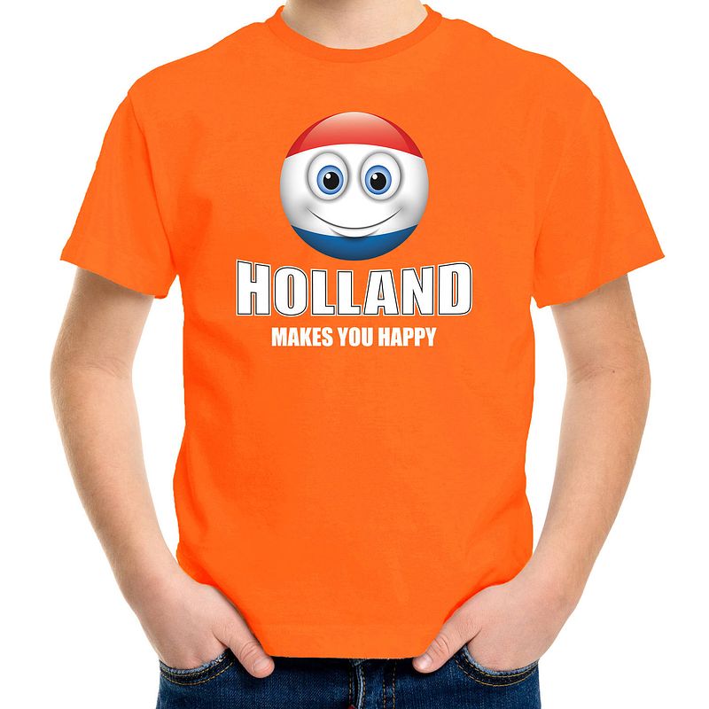 Foto van Holland makes you happy landen / vakantie shirt oranje voor kinderen met emoticon m (134-140) - feestshirts