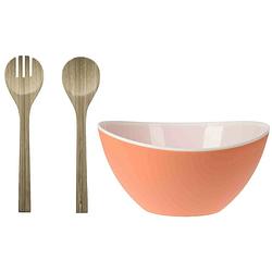 Foto van Excellent houseware slakom/schaal met bamboe slacouvert - kunststof - d25 cm - saladeschalen