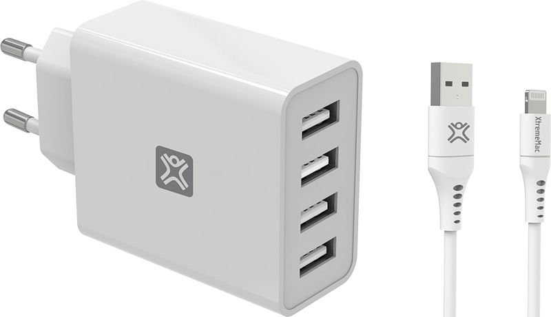 Foto van Xtrememac oplader met 4 usb poorten 12w + lightning kabel 2m kunststof wit