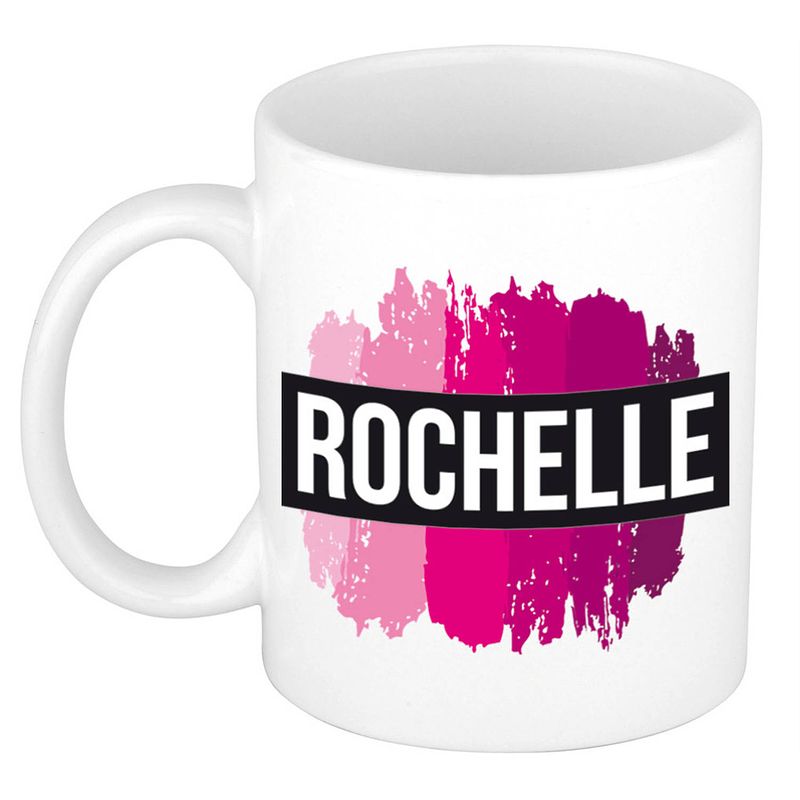 Foto van Naam cadeau mok / beker rochelle met roze verfstrepen 300 ml - naam mokken