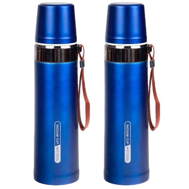 Foto van 2x stuks thermosfles / isoleerfles rvs met bandje voor onderweg 750 ml blauw - thermosflessen