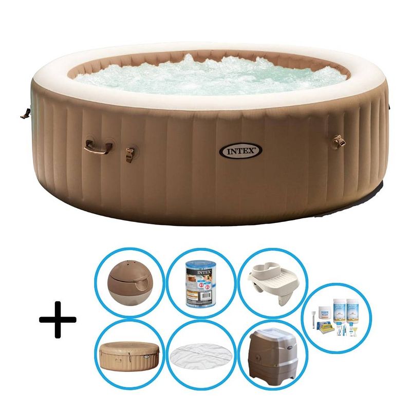 Foto van Intex - bubble massage - jacuzzi - 216 x 71 cm - beige - inclusief onderhoudspakket en bekerhouder