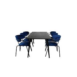 Foto van Dipp180x90blbl eethoek eetkamertafel zwart en 6 arrow eetkamerstal velours blauw.