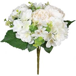 Foto van Louis maes kunstbloemen boeket roos/hortensiaa - creme/wit - h39 cm - bloemstuk - bladgroen - kunstbloemen