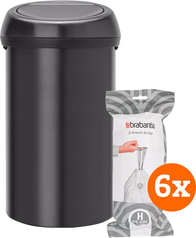 Foto van Brabantia touch bin 60 liter matt black + vuilniszakken (120 stuks)