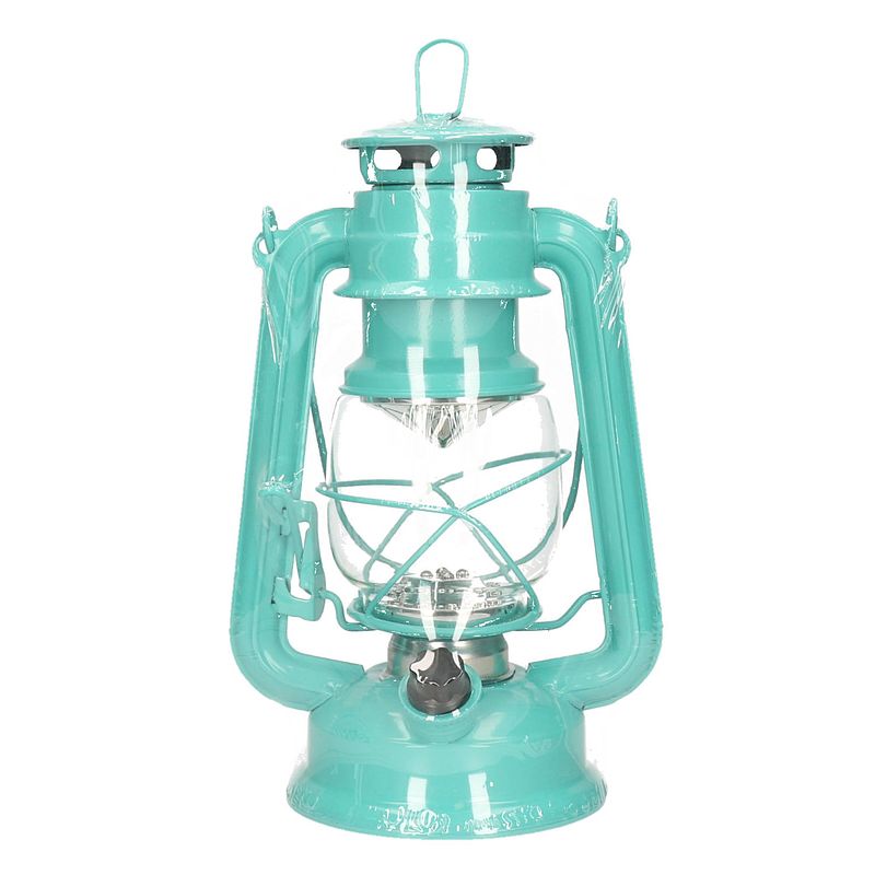 Foto van Stormlantaarn/campinglamp - led licht - turquoise blauw - 25 cm - lantaarns