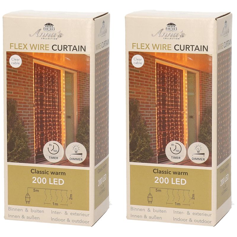 Foto van Set van 2x stuks kerstverlichting deurgordijn/gordijnverlichting met 200 lampjes warm wit 100 x 200 - lichtsnoeren