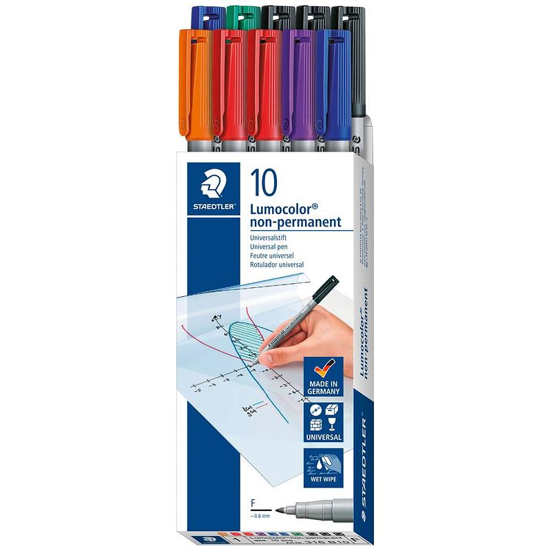 Foto van Staedtler foliestift lumocolor® non-permanent pen 316 316 b10 rood, blauw, groen, zwart, oranje, lila