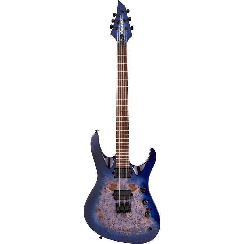 Foto van Jackson pro series signature chris broderick soloist ht6p transparent blue