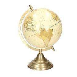 Foto van Decoratie wereldbol/globe goud/ecru op metalen voet 22 x 34 cm - wereldbollen