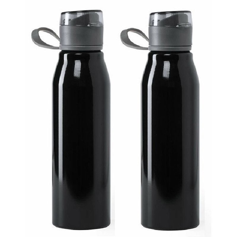 Foto van Aluminium waterfles/drinkfles - 2x - metallic zwart - met schroefdop - 700 ml - drinkflessen