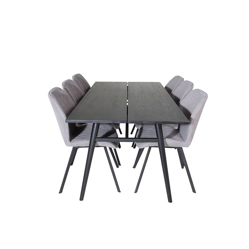 Foto van Sleek eethoek eetkamertafel uitschuifbare tafel lengte cm 195 / 280 zwart en 6 gemma eetkamerstal grijs.