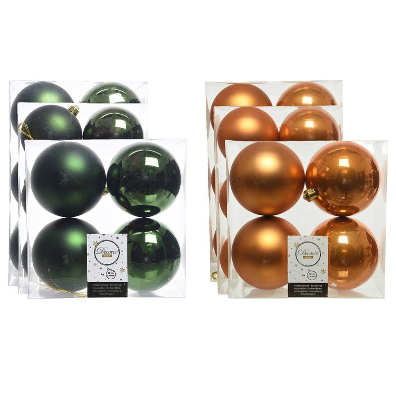 Foto van Kerstversiering kunststof kerstballen mix cognac/donkergroen 6-8-10 cm pakket van 44x stuks - kerstbal