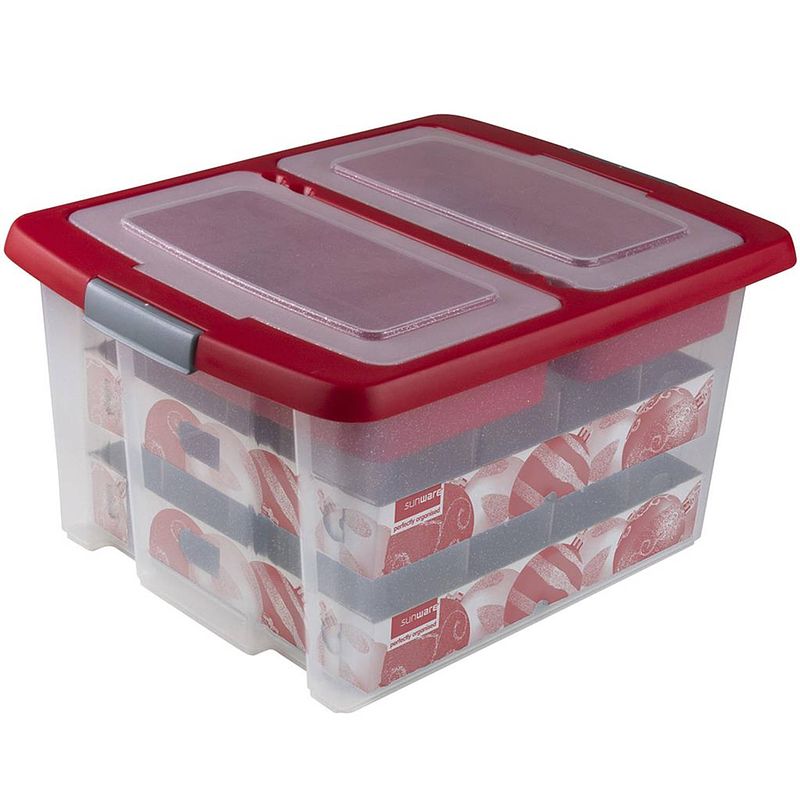 Foto van Sunware nesta kerstballen opbergbox 32l - trays voor 32 kerstballen - transparant/rood